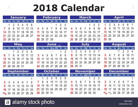 2018 Calendar Simple Vector Calendar For Year 2018 Stock Vector Art