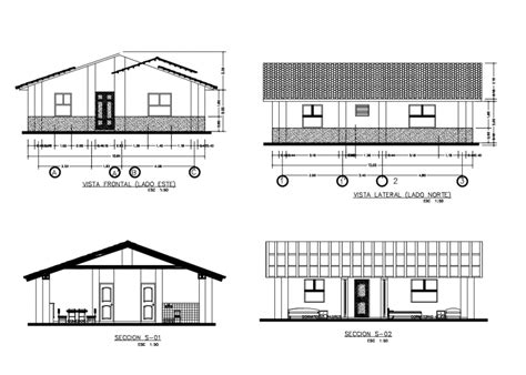 Front And Back Elevations And Sectional Details Of Single Story House