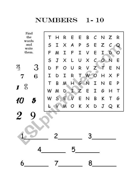 As i have learnt on this forum that numbers from one to ten are written as words but is ten included or not? numbers 1-10 find and write - ESL worksheet by paulinka.lip