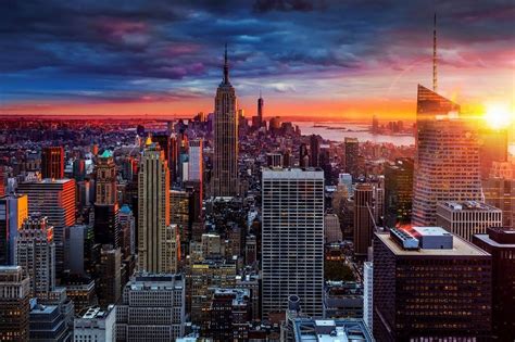Usa New York City Empire State Building Evening Cityscape From The