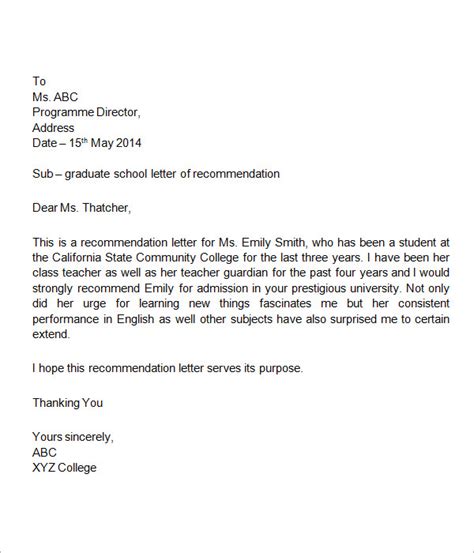 Recommendation Letter For Student Letter