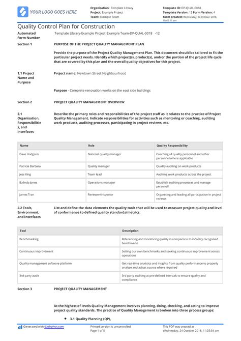 Construction Quality Control Plan Template Free Printable Form
