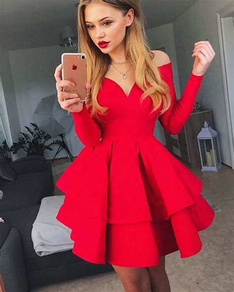 Sheer Red Satin Layered Skirt Homecoming Dress With Long Sleeves Hd3166