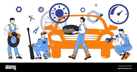 Car Workshop And Repair Service Banner With Mechanics Characters