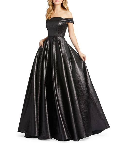 Want to save your wishlist? Mac Duggal Off-the-Shoulder Metallic Ball Gown with ...