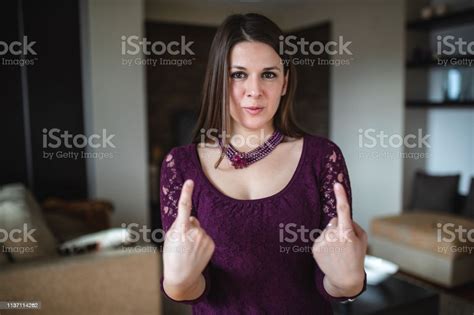 Beautiful Deaf Woman Doing Sign Language Attitude Stock Photo