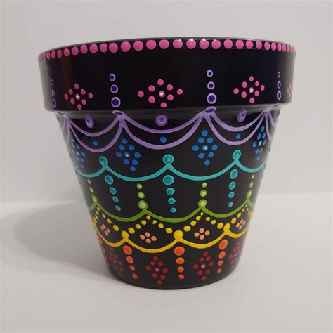 6 Hand Painted Terra Cotta Flower Pot Black With Rainbow Lace