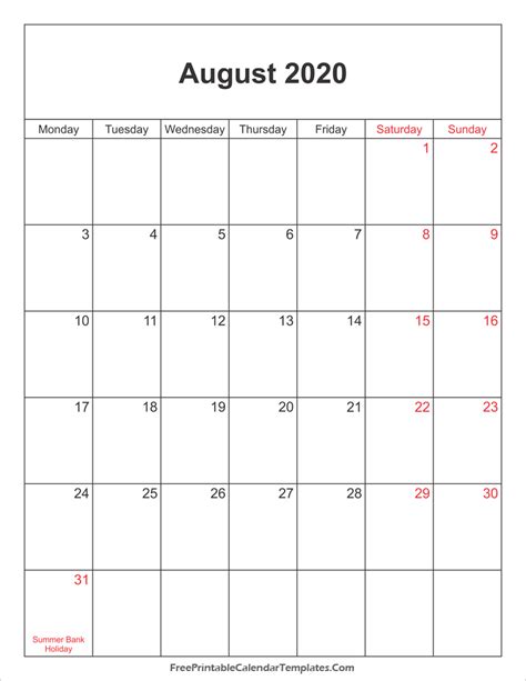 august  uk calendar