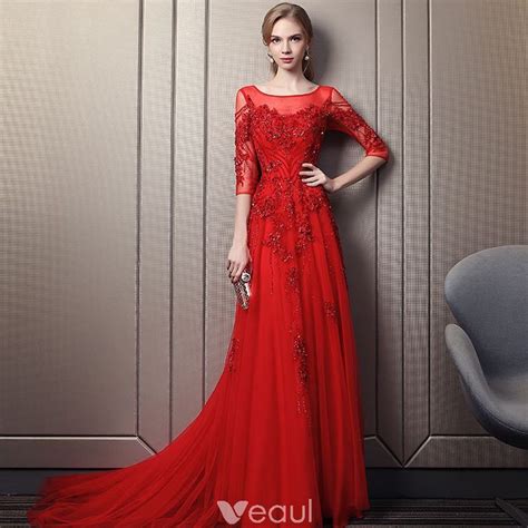elegant red evening dresses 2018 a line princess square neckline 3 4 sleeve appliques flower
