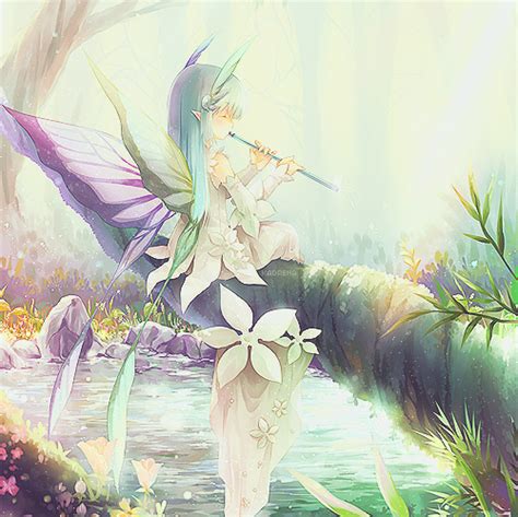 Anime Art Fairy Fae Playing Flute Musical Wings