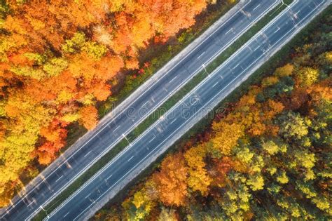 Aerial View Of Road In Beautiful Autumn Forest At Sunset Stock Image