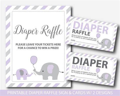 Purple diaper raffle tickets, Elephant diaper raffle cards & sign, Diaper raffle sign, Diape ...