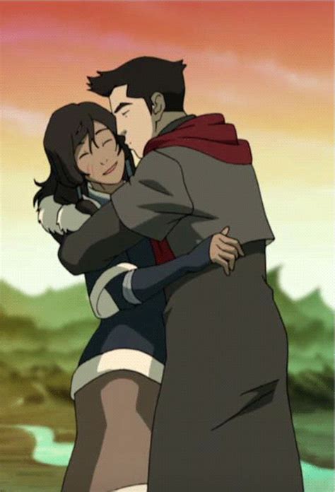 Mako Kisses Korra On Her Cheek In Their Romantic Loving Embrace Avatar