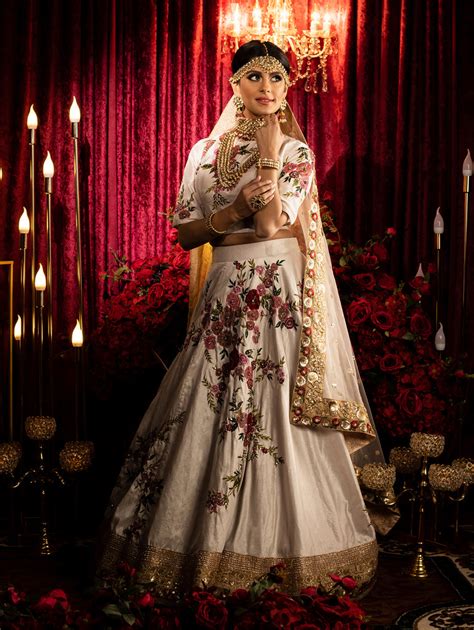 Indian Bridal Wear White Sabyasachi Mughal Garden Lehenga B Anu Designs