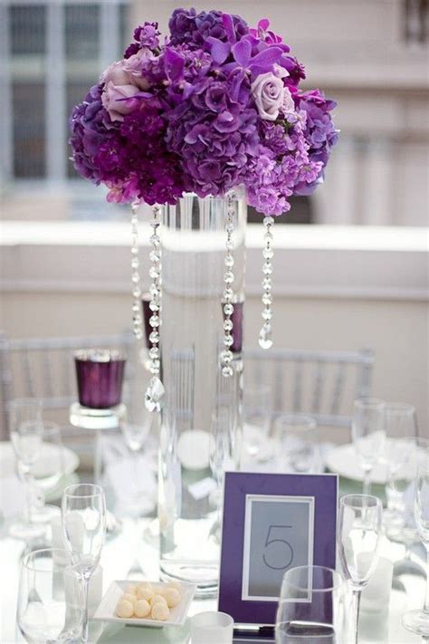Purple Raised Centerpiece With Hanging Crystals Wedding Centerpieces
