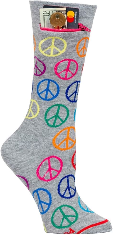 Womens Pocket Socks Peace And Love Crew Soft Cotton With Security Zip Pocket One Size At
