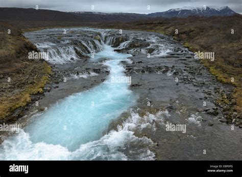 Waterfall And Turquoise River Channel Of Bruar River Iceland Stock