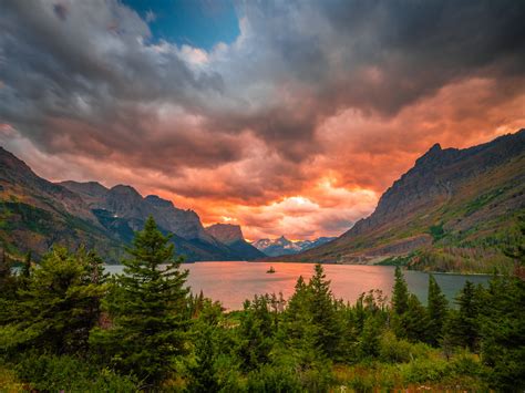 St Mary Lake Sunset Summer Storm Thunderclouds Glacier National Park