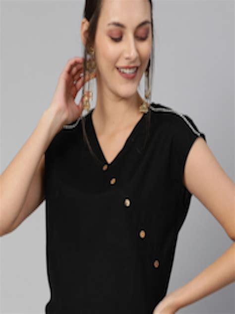 Buy Global Desi Women Black Solid Cropped Top With Button Detailing Tops For Women 12641126