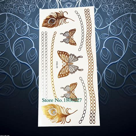 1pc new style gole metallic tattoo peacock feather butterfly chains design waterproof temporary