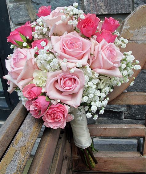 Pink Roses And Babys Breath Prom Flowers Bouquet Bridal Bouquet Pink