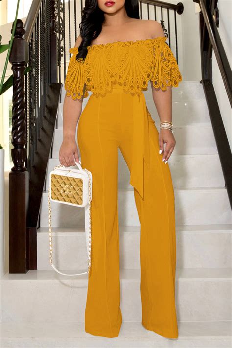 yellow elegant solid hollowed out patchwork off the shoulder straight jumpsuits jumpsuits