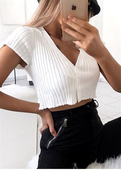 Crop top weather is finally here! Cropped Ribbed Button Short Sleeve Cardigan Top White ...