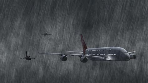 Animation Of Airbus A380 Escorted By F 16 Fighter Jets In Storm And