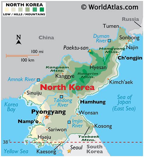 North Korea Physical Map With Cities In Gray Background Physical Map