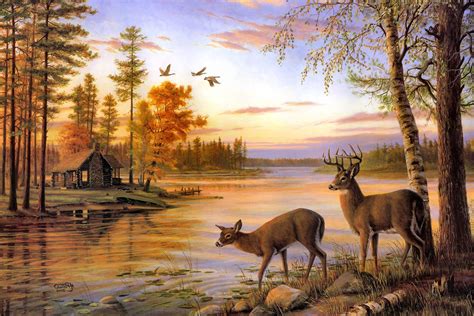 Two Deer Drink Water On The River When Sunset Deer Painting Deer Art
