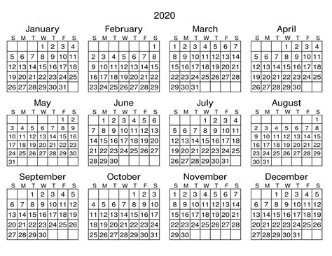 Calendar 2020 Only Printable Yearly Calendar Printable Free