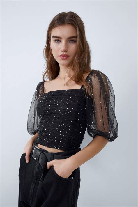 tulle top with rhinestones new in trf zara united kingdom tulle top tulle outfit street