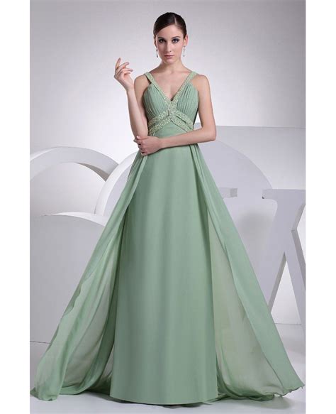 Sage Green V Neck Beaded Straps Floor Length Chiffon Prom Dress Op4206