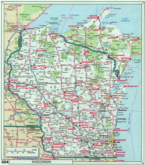 Large roads and highways map of Wisconsin state with national parks and cities | Vidiani.com ...