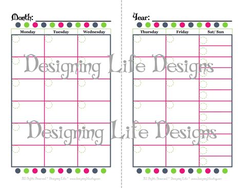Mini Binder Calendar Two Page Fill In Design Half Sheet