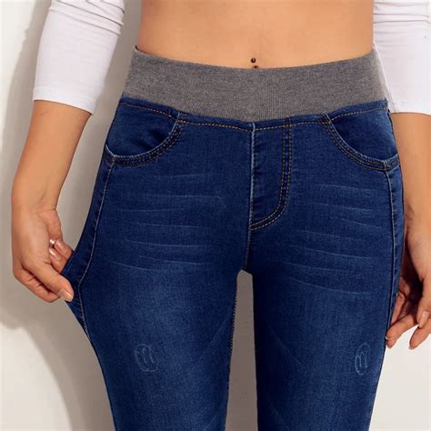 Ousidi 2018 New Women Classic Casual Elastic Waist Stretch Jeans Slim Plus Size Pencil Pants