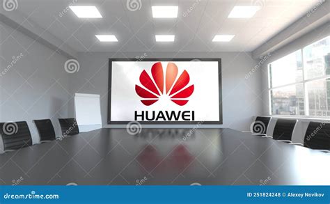 Huawei Logo On The Screen In A Meeting Room Editorial 3d Rendering