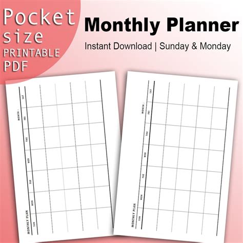 Pocket Planner Inserts Monthly Undated Printable Planner Etsy