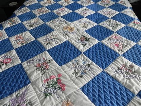 Vintage Quilt State Flowers Hand Stitched Embroidery
