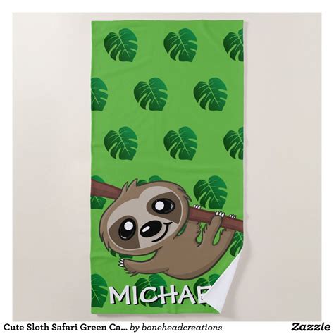 Cute Sloth Safari Green Cartoon Jungle Name Beach Towel