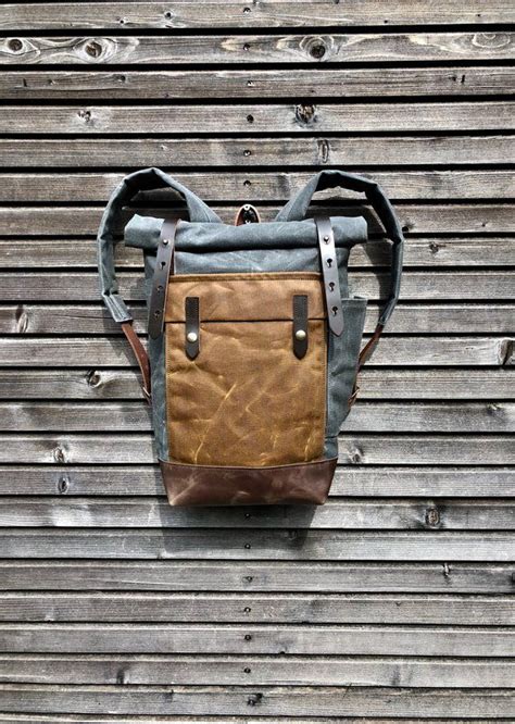 Grey Waxed Canvas Leather Backpack Medium Size Commuter Etsy