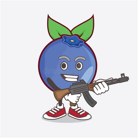 Blueberry Fruit Cartoon Mascot Character With Assault Rifle Machine Gun