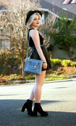 Womens Black Pleated Leather Mini Skirt Black Tank Light Blue