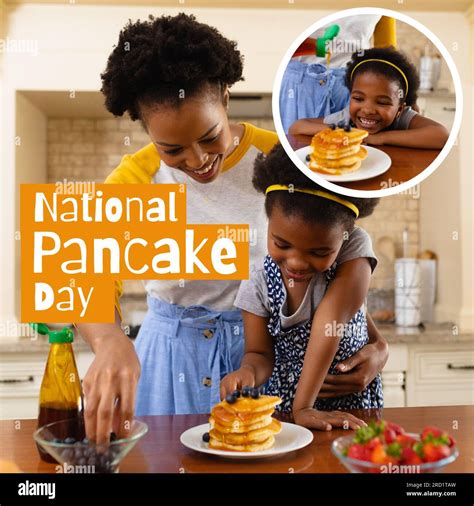 National Pancake Day Text With Happy African American Daughter And Mother Preparing Pancakes
