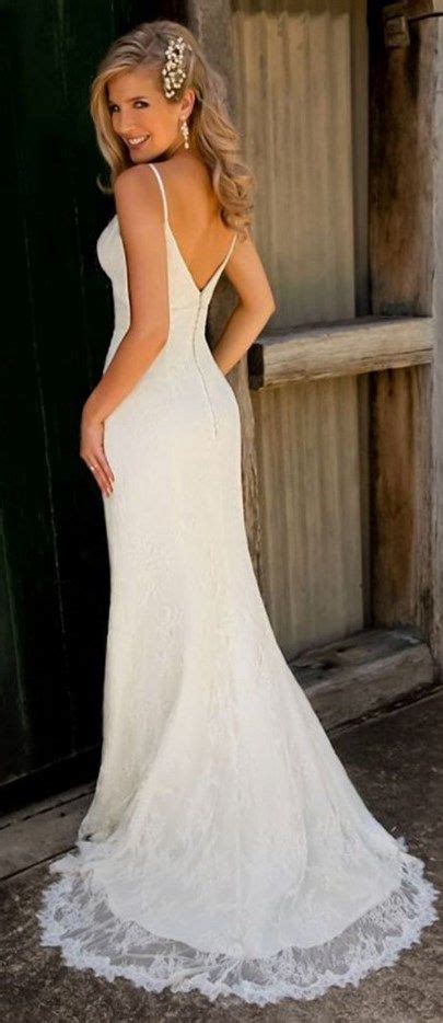 If your setting is a simple solitaire with a pave or plain metal band, then finding a wedding ring that matches the band would do the trick. Spaghetti Straps V Neck Lace Mermaid Wedding Dress | Pear ...