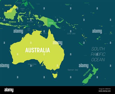 Australia And Oceania Map Green Hue Colored On Dark Background High