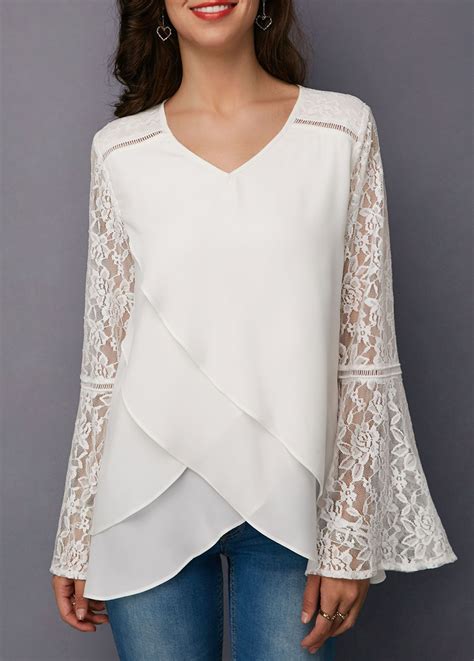 white lace panel asymmetric hem blouse usd 32 06 fashion tops ladies tops