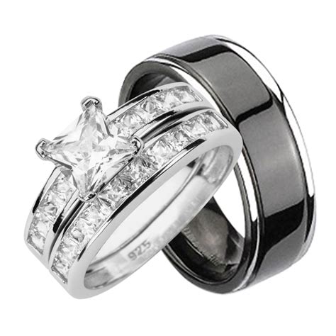 His And Hers Wedding Rings Set Sterling Silver Titanium Matching Bands For Him And Her 810