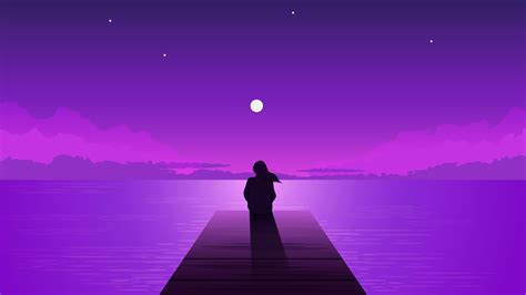 Night Silhouette Lonely Girl With Rising Moon Alone Dreamy Woman