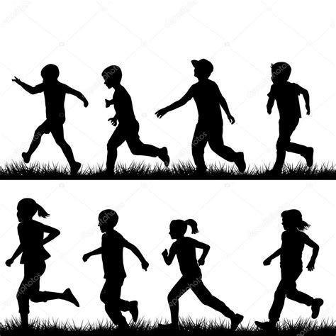 Conjunto De Siluetas De Niños Corriendo — Archivo Imágenes Vectoriales